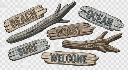 A set of wooden signs with beach, ocean, coast, surf, and welcome written on them, along with driftwood pieces, evokes a coastal and welcoming atmosphere