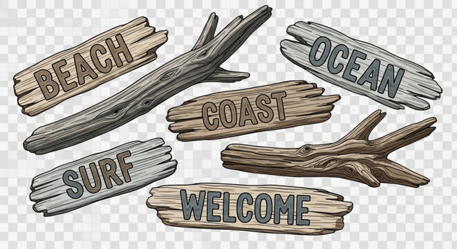 A set of wooden signs with beach, ocean, coast, surf, and welcome written on them, along with driftwood pieces, evokes a coastal and welcoming atmosphere - Powered by Adobe