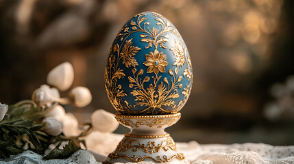 Ornate decorative egg with intricate floral patterns in blue and gold, resting on a delicate lace surface, surrounded by soft natural light and floral elements, symbolizing elegance and artistry