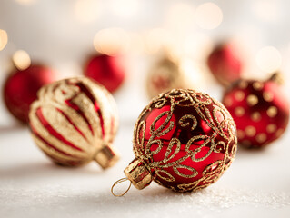 Decorative red and gold Christmas ornaments are beautifully arranged on a soft white surface, creating a festive atmosphere for holiday celebrations and seasonal decor