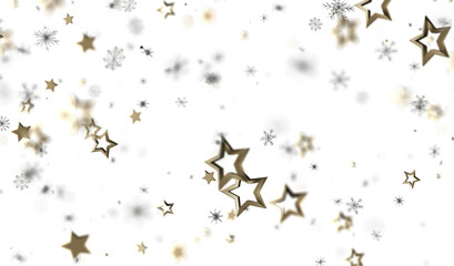 Sparkling gold stars and snowflakes on white. Festive, magical winter background.