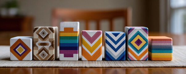 Decorative wooden blocks with geometric patterns are arranged on table, ideal for Kwanzaa for children to learn and play