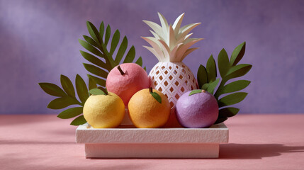 Paper craft fruits arranged in basket for Kwanzaa celebration for children, featuring pineapple, oranges, and leaves