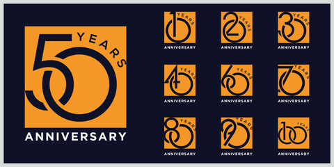 Collection of anniversary square box logo design. Celebration day special vector icon, creative number 10 to 100 symbol graphics