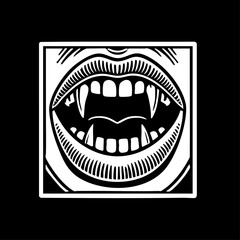 Obraz premium Open mouth with sharp vampire fangs, horror style design symbolizing gothic darkness and Halloween themes.