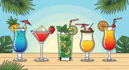 Exotic cocktails with tropical fruits and decorations, perfect for summer vibes, beach parties, and vacation getaways on a wooden table with palm leaves