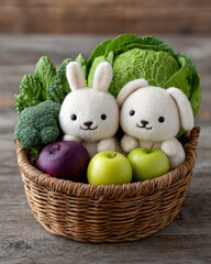 Adorable stuffed animals in basket with fresh vegetables and fruits, perfect for teaching Kwanzaa for children