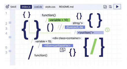 Code editor interface with colorful brackets and programming symbols, ideal for showcasing software development, coding tutorials, and web design concepts