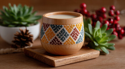 Wooden cup with patterned design sits wooden coaster, surrounded by succulents, pinecones, and red berries, creating cozy