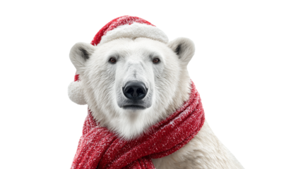 Ai polar bear wearing a Santa hat and red scarf, celebrating winter festivities in a snowy atmosphere