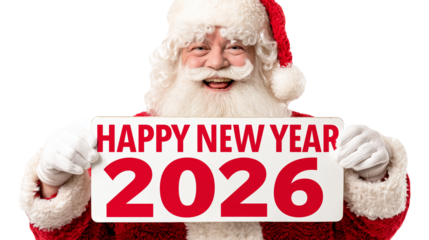Ai happy New Year 2026 celebration with Santa holding a festive sign and smiling warmly