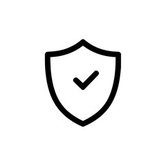 A simple black outline of a shield with a check mark inside indicating validation and security measures