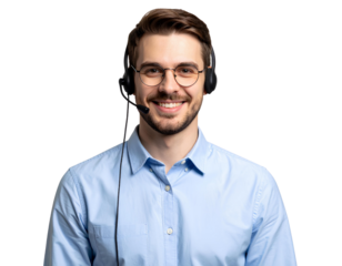 Firefly_Portrait a smiling male call center operator worker with a headset, isolated on tran