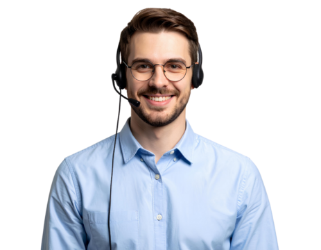 Firefly_Portrait a smiling male call center operator worker with a headset, isolated on tran 