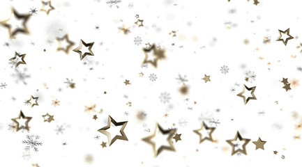 Sparkling gold stars and snowflakes on white. Festive, magical winter background.
