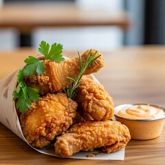 Crispy fried chicken pieces nestled in a paper cone, garnished with fresh herbs, and served with a side of dipping sauce.