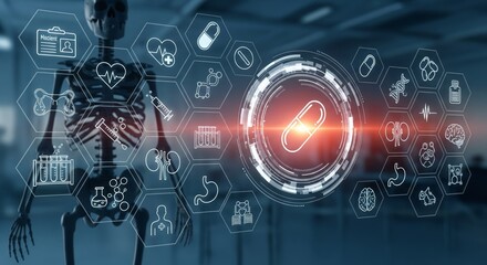 Futuristic Medical Technology Interface with Hexagon and Circular Icons Highlighting Capsule Pill and Healthcare Innovation