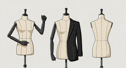 A detailed illustration presents three dress forms, each showcasing a different pose and style, set against a neutral background, ideal for fashion design concepts