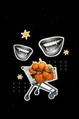 3D collage design composite artwork sketch of silhouette lips teeth vampire pushcard pumpkin...