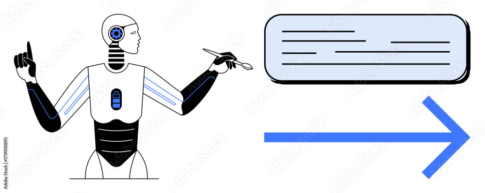 Poster humanoid robot using stylus for content creation alongside arrow symbolizing direction. ideal for au