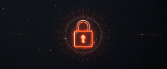 Minimalist black background with glowing 4D lock hologram in center,