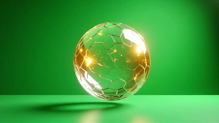 Dynamic glowing hexagonal sphere rotates with abstract light effects on green background - Powered by Adobe