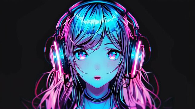 Anime girl enjoying music with headphones, on a transparent background