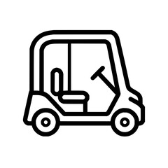 Illustration of a golf cart with enclosed cabin and steering wheel in black outline style vehicle icon