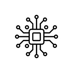 Illustration of a black and white computer chip with circular nodes connected by lines in a simple style