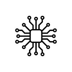 Illustration of a black and white computer chip with multiple connections and a square center design element