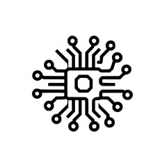 Illustration of a black and white circuit board with multiple connections and a central octagon shape