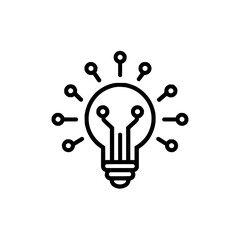 Illustration of a lightbulb with internal circuitry and radiating nodes representing innovation and technology