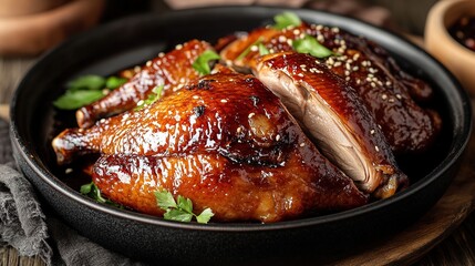 A beautifully glazed roasted chicken served on a black plate, garnished with herbs and sesame seeds, highlighting delicious culinary presentation.