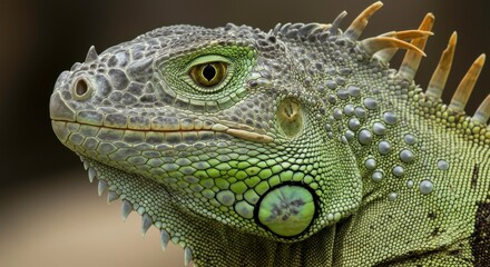 Fototapeta premium Detailed close-up of a green iguana face, highlighting its intricate skin patterns and textures