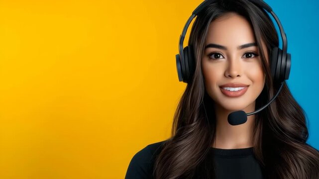 Smiling customer service representative engages with clients in a colorful office setting