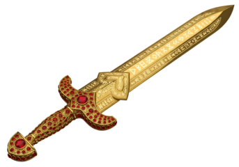 A magnificent gold sword, adorned with intricate carvings and numerous ruby-red gems, is showcased against a striking black backdrop.