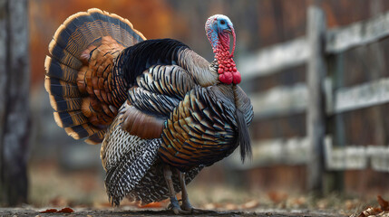 A close-up portrait of a large male turkey on a farm, a gobbler with colorful feathers and a red wattle, a symbol of Thanksgiving, harvest and agriculture, a free-range bird in a rustic setting.