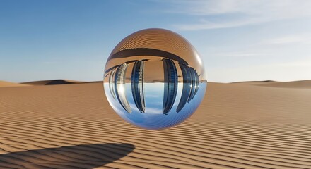 Futuristic Reflective Metal Sphere in Desert Landscape with Blue Sky and Sand Dunes