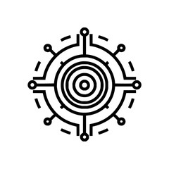 Circular target with connecting lines and nodes radiating outward in a black and white design style