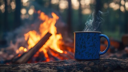 A steaming blue mug sits on a log, with a warm campfire in the background, creating a cozy outdoor atmosphere.