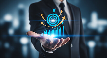 Businessman holding a futuristic digital graph with upward trends and growth arrows