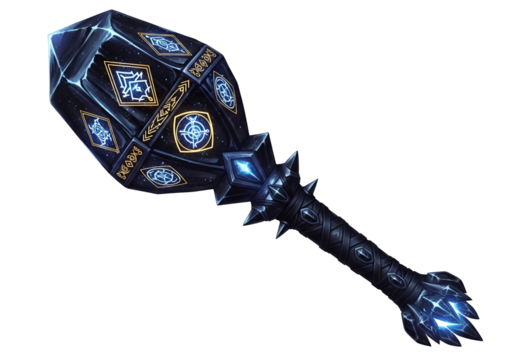 A dark, crystalline magical weapon, adorned with glowing symbols and studded with icy protrusions, projects a powerful and arcane aura.