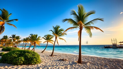 Fototapeta premium Serene Tropical Beach with Palm Trees and Ocean at Sunset