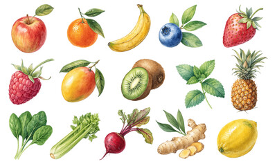 Watercolor Vector Set of Fruits, Berries, and Leafy Greens for Healthy Food Designs