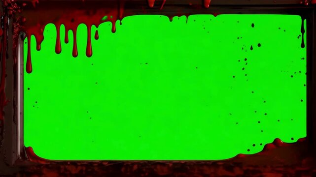 A chilling video of a dark frame with thick, red blood slowly dripping down from the top, with a green screen in the center