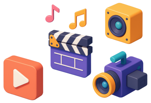 Set of 3D media and entertainment icons with different colors video film isolated on a transparent background