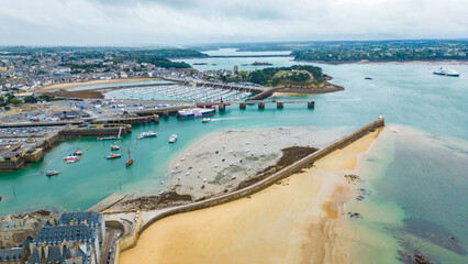 Aerial view of Saint-Malo, Brittany, France. Historic walled city on the English Channel with sandy...