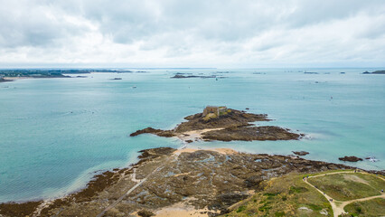 Aerial view of Saint-Malo, Brittany, France. Historic walled city on the English Channel with sandy beaches, stone fortifications, and a charming old town