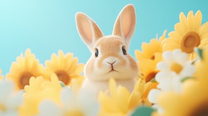 Fototapeta premium A cute rabbit surrounded by vibrant yellow sunflowers against a soft blue background, perfect for spring or Easter-themed designs, nature illustrations, or children's products,