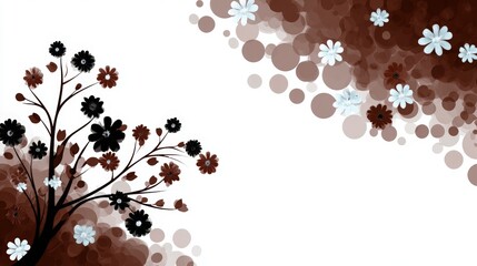 Abstract floral design featuring black and white flowers with a brown and blue background